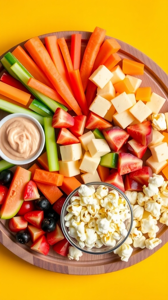 A variety of snacks including vegetable sticks, hummus, cheese, fruit, and popcorn on a wooden platter.